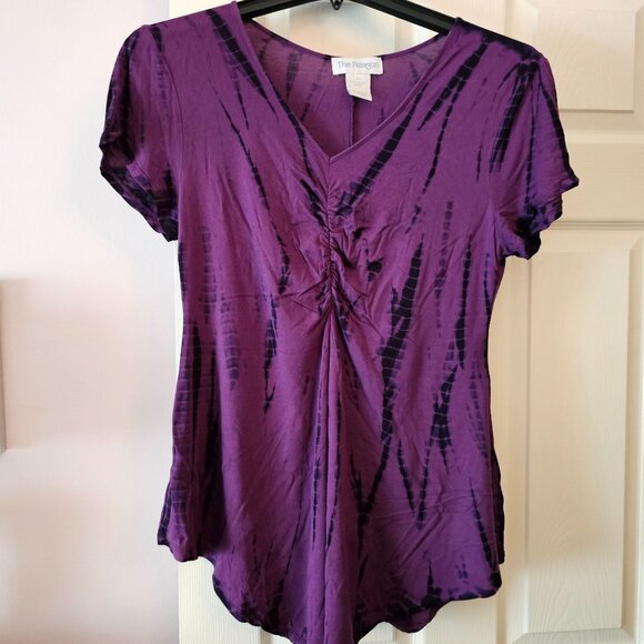 The Paragon Purple Tie-Dye V-Neck Short Sleeve Flared Tunic Top Sz L Boho - Picture 1 of 8